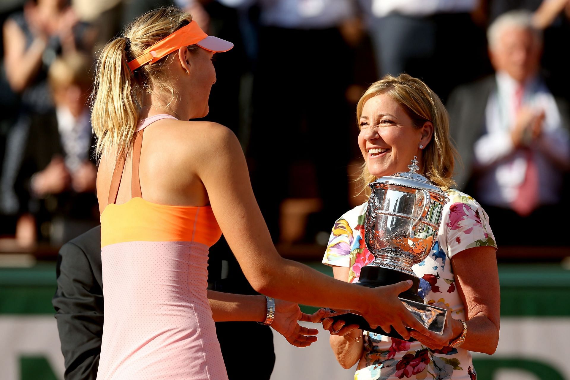 Chris Evert handed Maria Sharapova the 2014 French Open trophy - Source: Getty